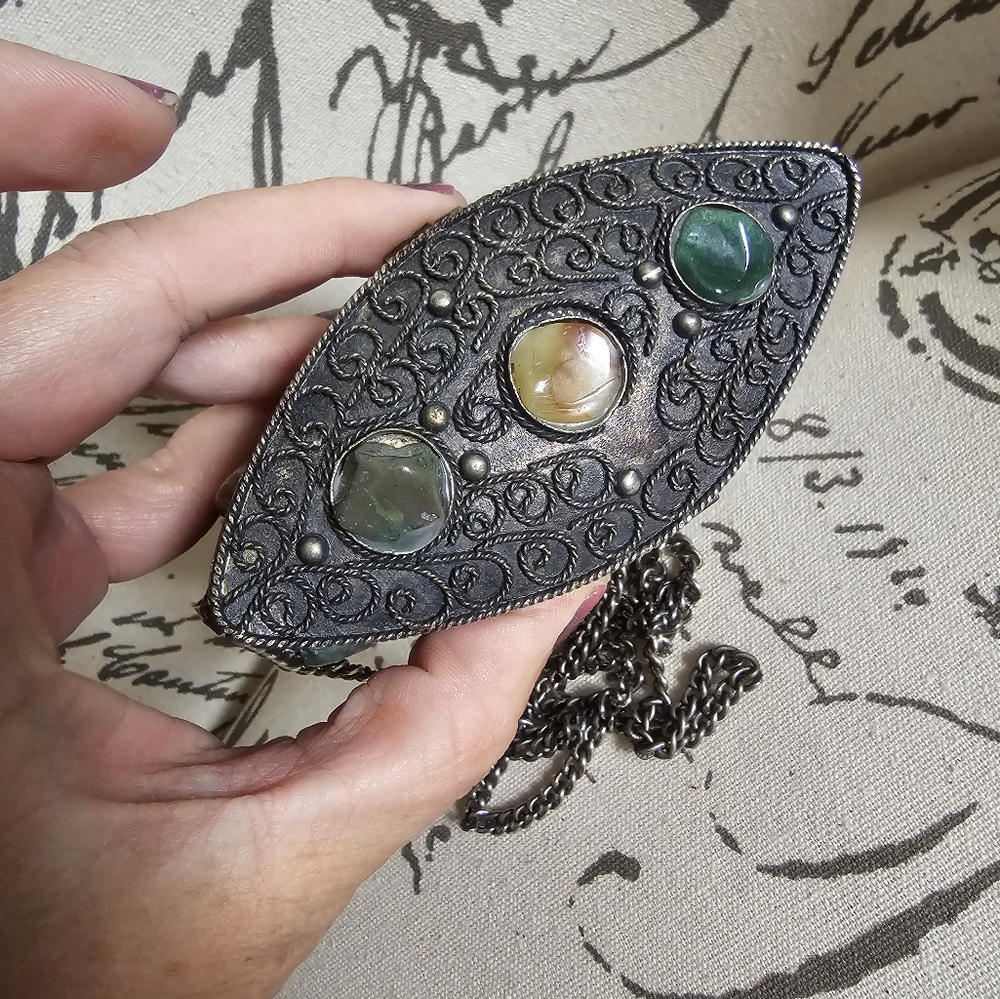 Embellished Filigree Metal Crossbody Bag with Gem Accents - Silver - Picture 9 of 9